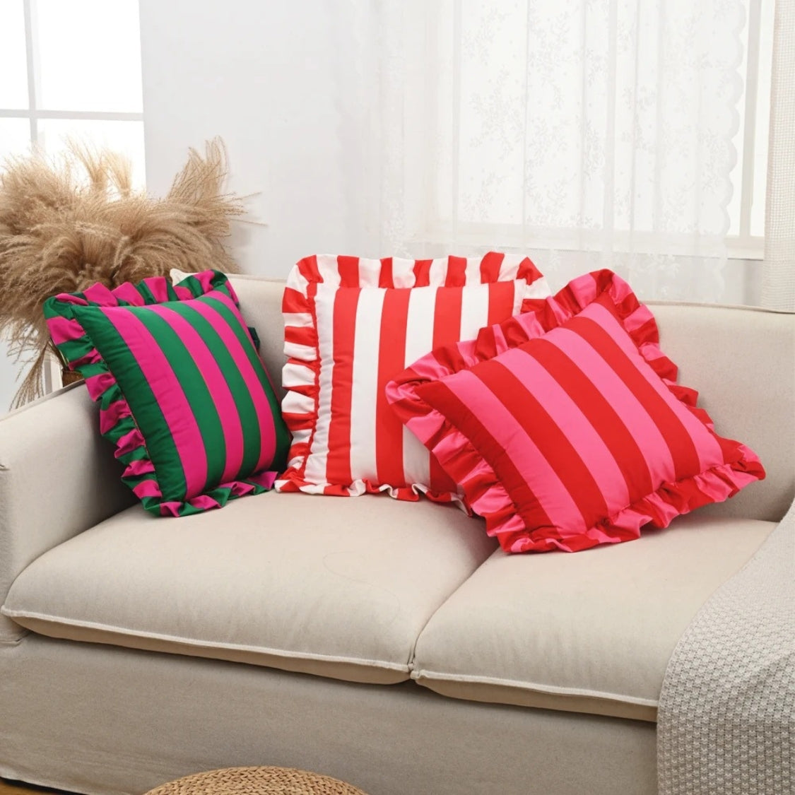 Retro Striped Ruffle Cushion Cover
