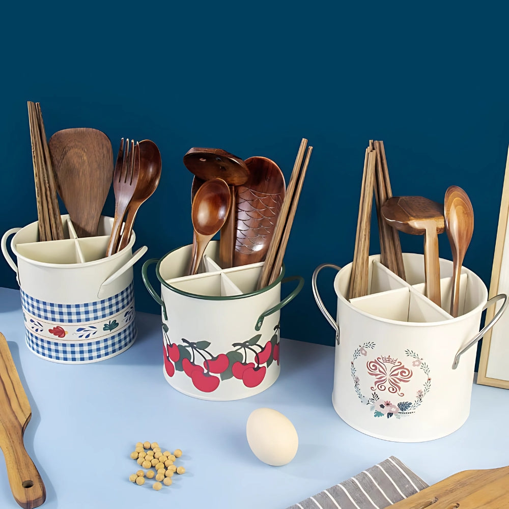 Floral Utensil Storage Basket with Divider Lid