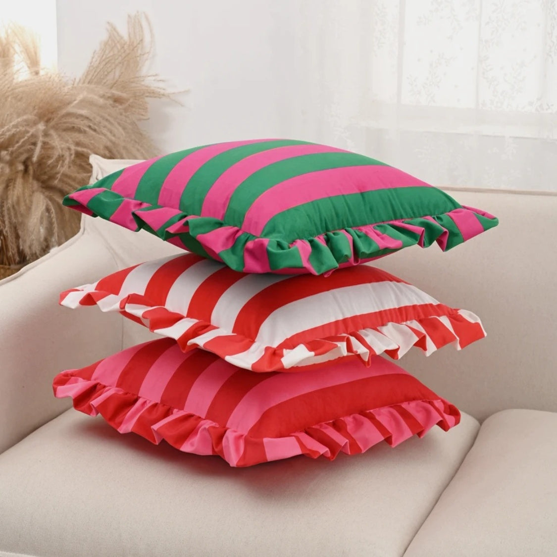 Retro Striped Ruffle Cushion Cover