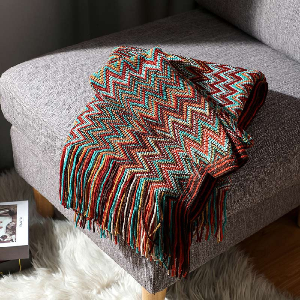 Multicolor Zigzag Tasseled Knit Throw