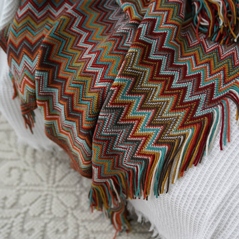 Multicolor Zigzag Tasseled Knit Throw