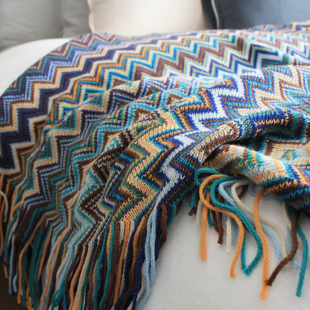 Multicolor Zigzag Tasseled Knit Throw