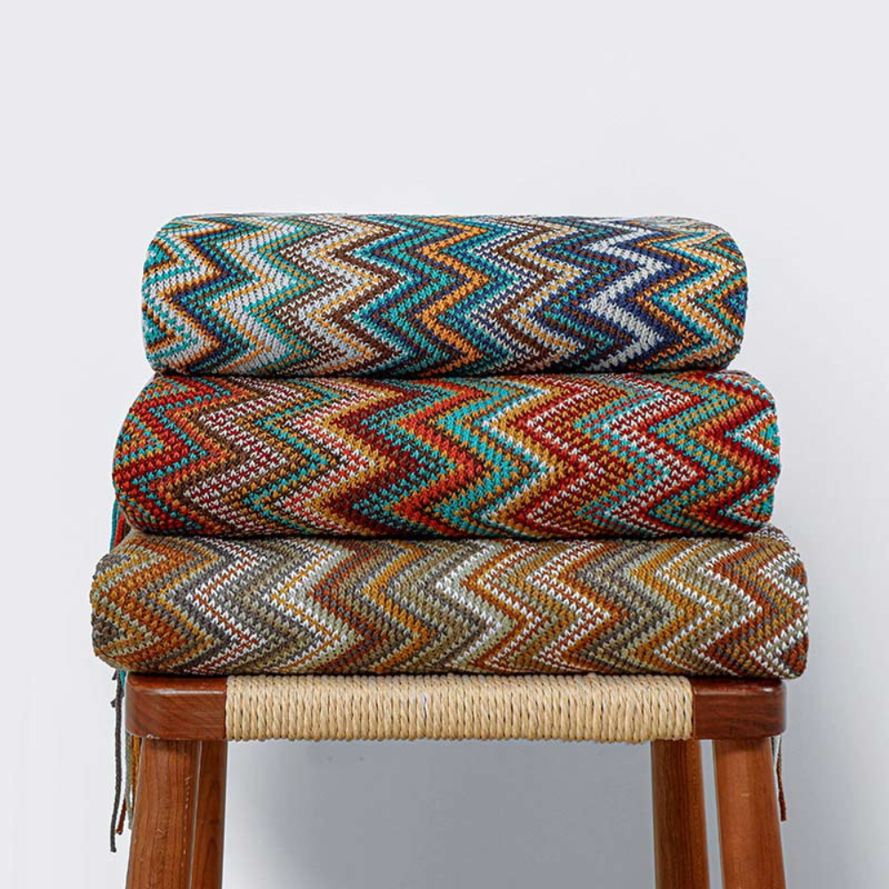 Multicolor Zigzag Tasseled Knit Throw