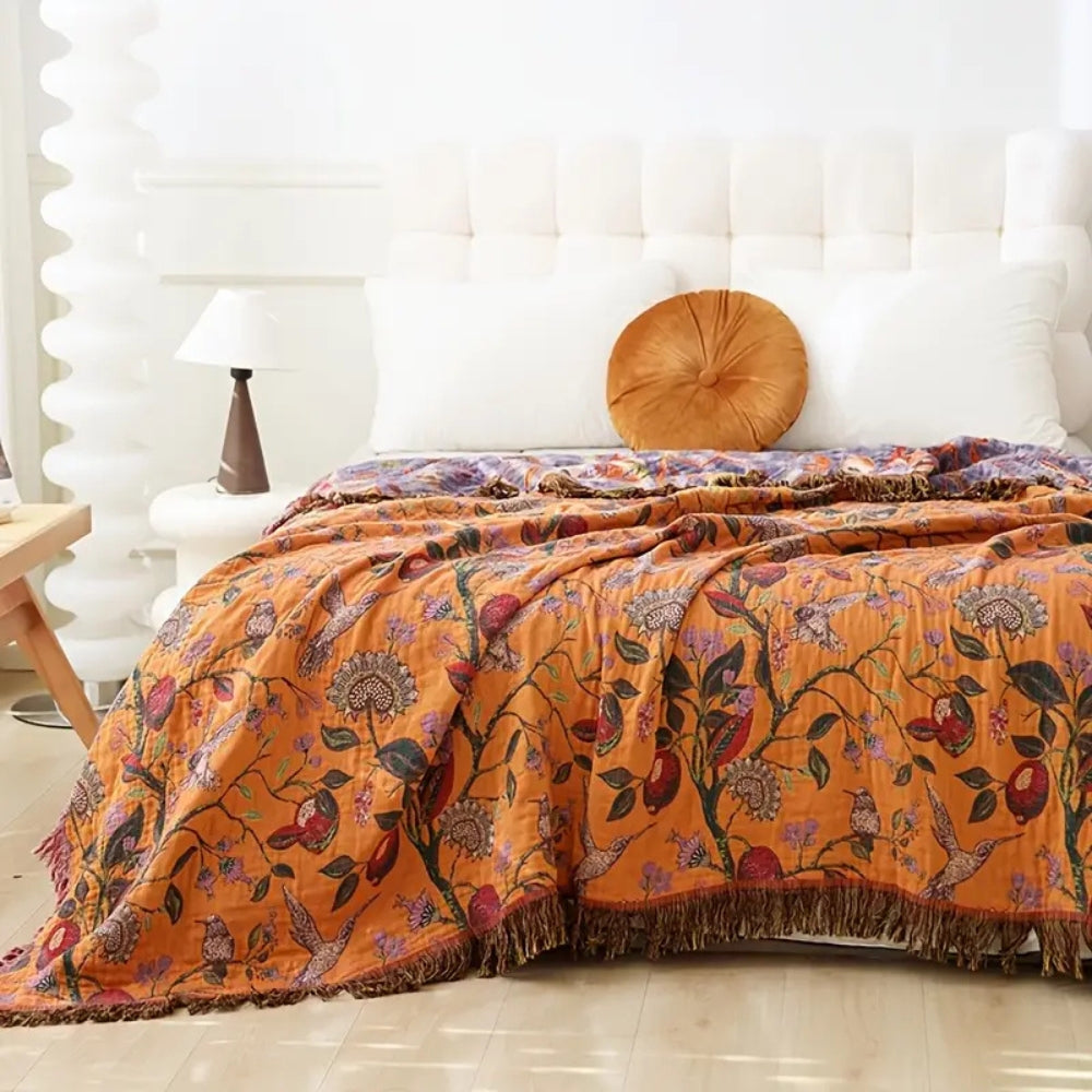 Botanic Floral Cotton Tassel Blanket