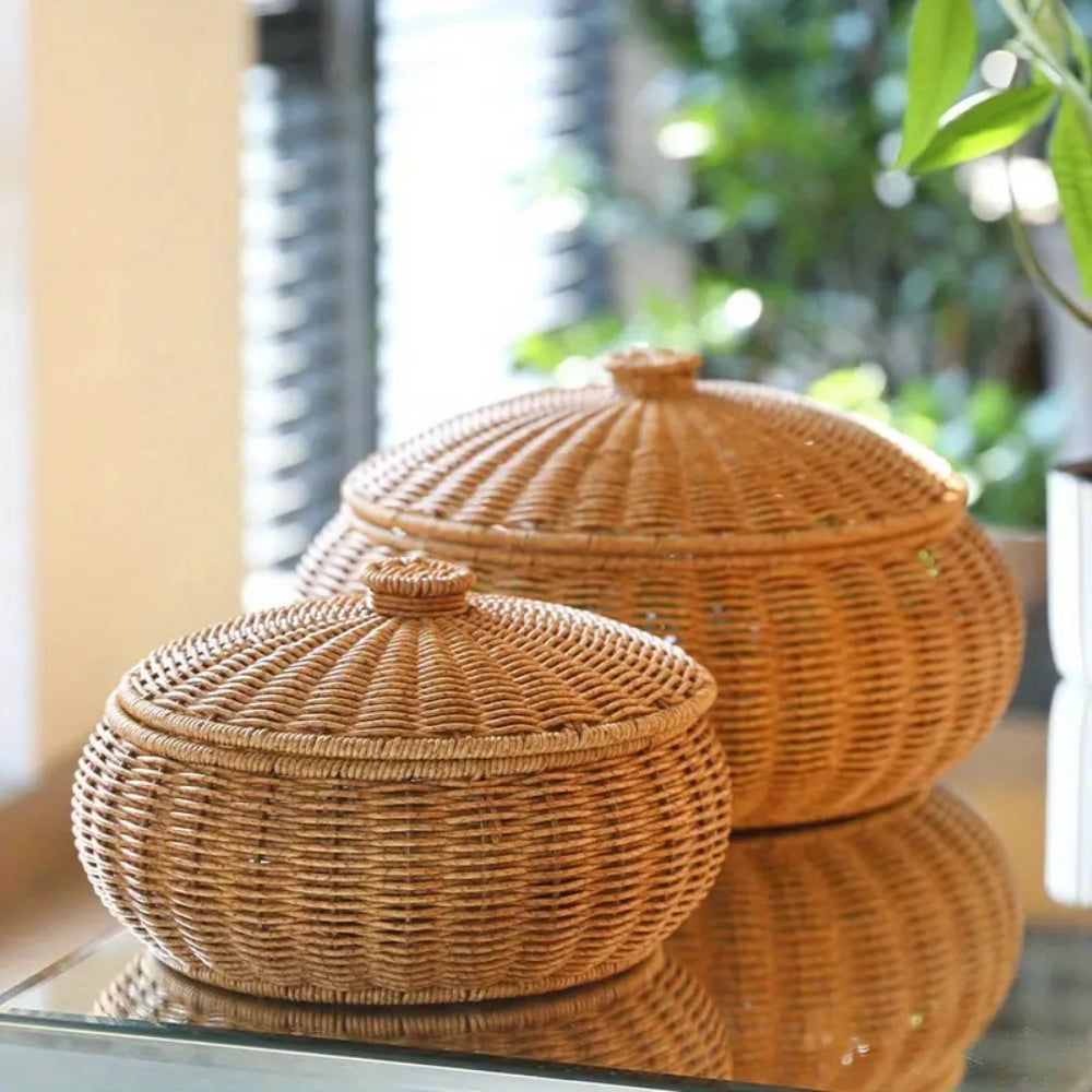 Dome-Shaped Knitted Rattan Basket with Lid