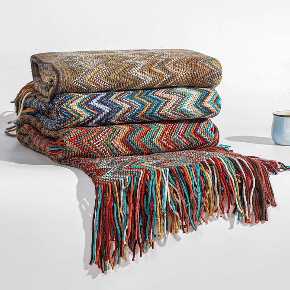 Multicolor Zigzag Tasseled Knit Throw