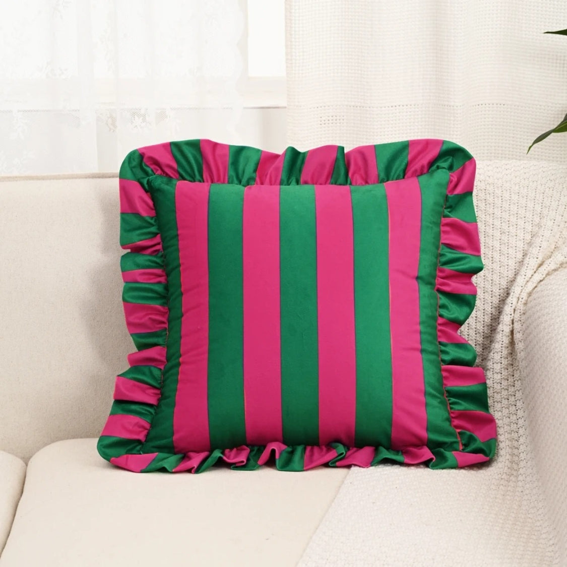 Retro Striped Ruffle Cushion Cover