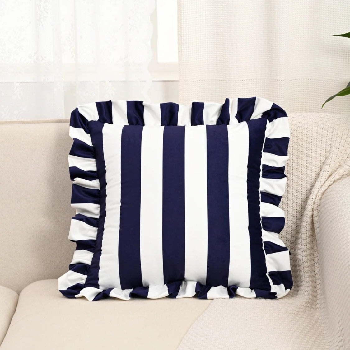 Retro Striped Ruffle Cushion Cover