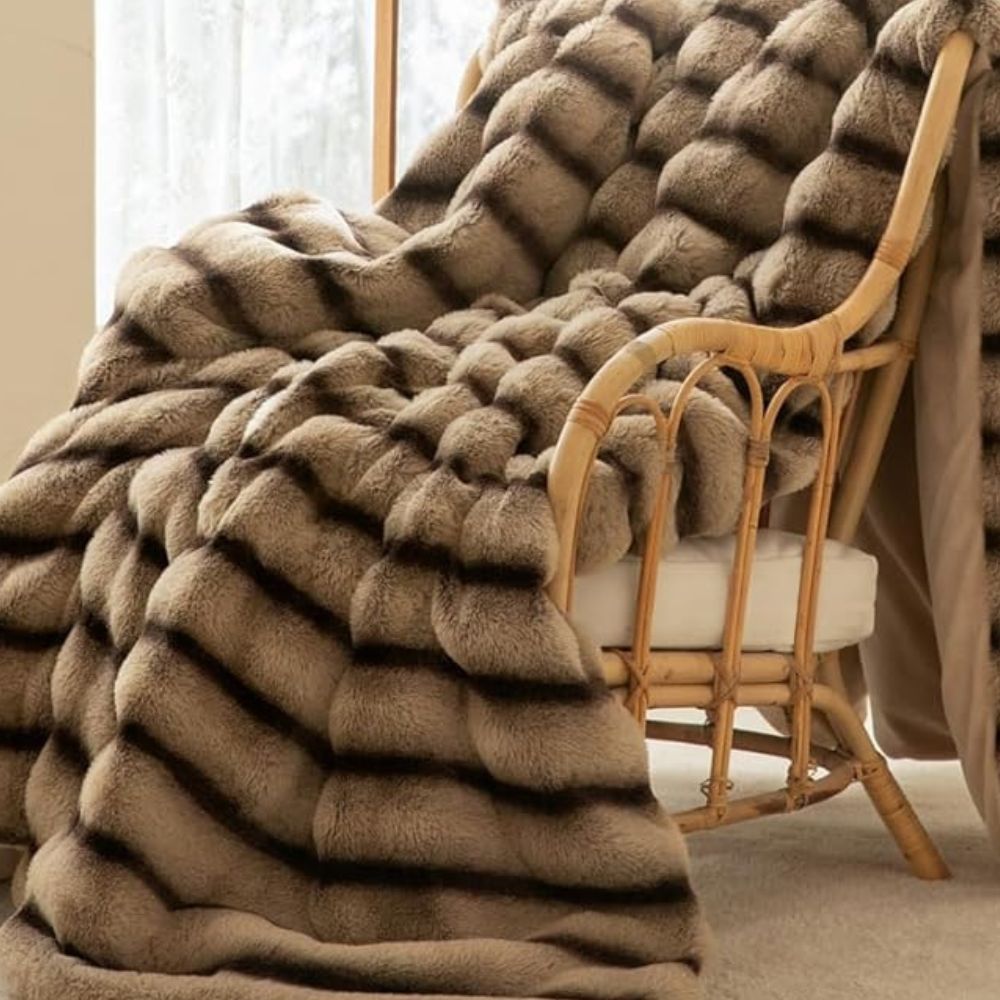 Ruched Faux Rabbit Fur Blanket