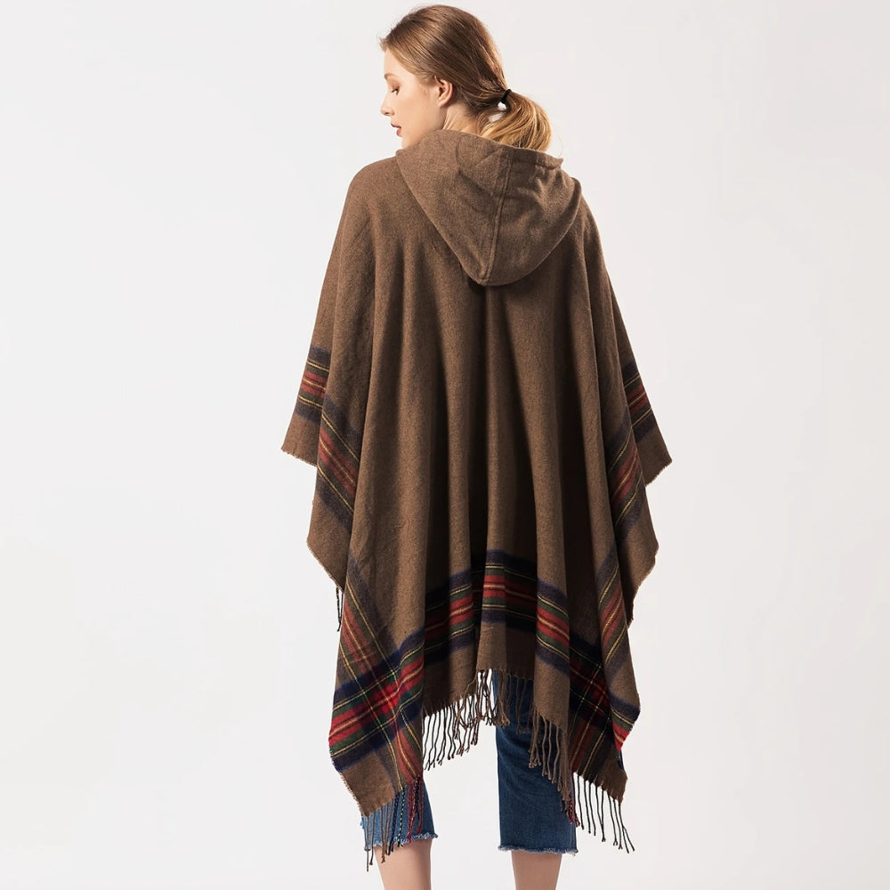 Acrylic Hooded Striped Poncho Shawl