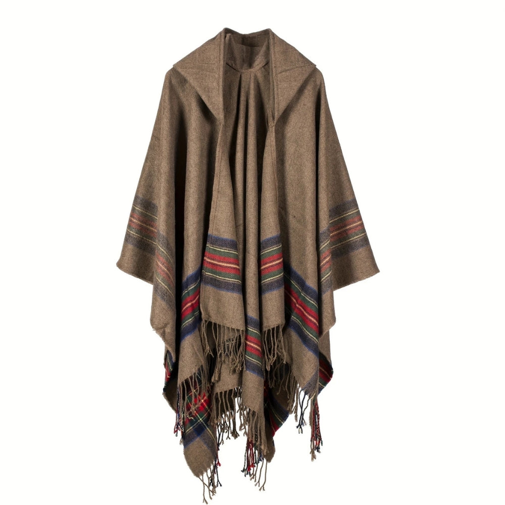 Acrylic Hooded Striped Poncho Shawl