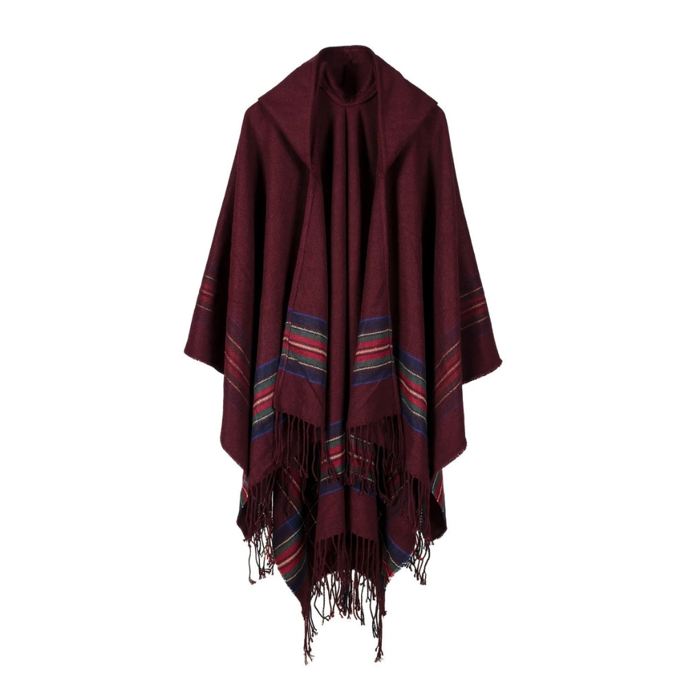 Acrylic Hooded Striped Poncho Shawl
