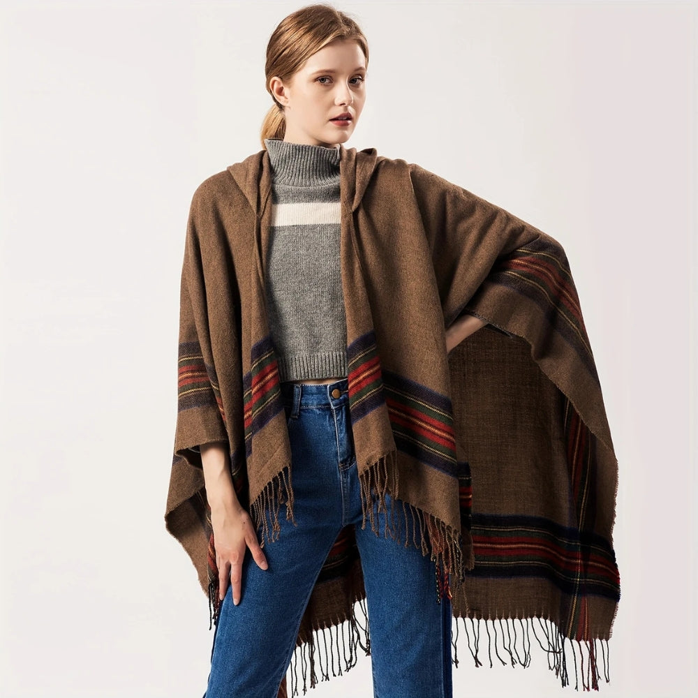 Acrylic Hooded Striped Poncho Shawl