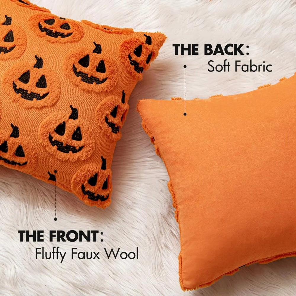 Faux Fleece Halloween Pumpkin Cushion Cover