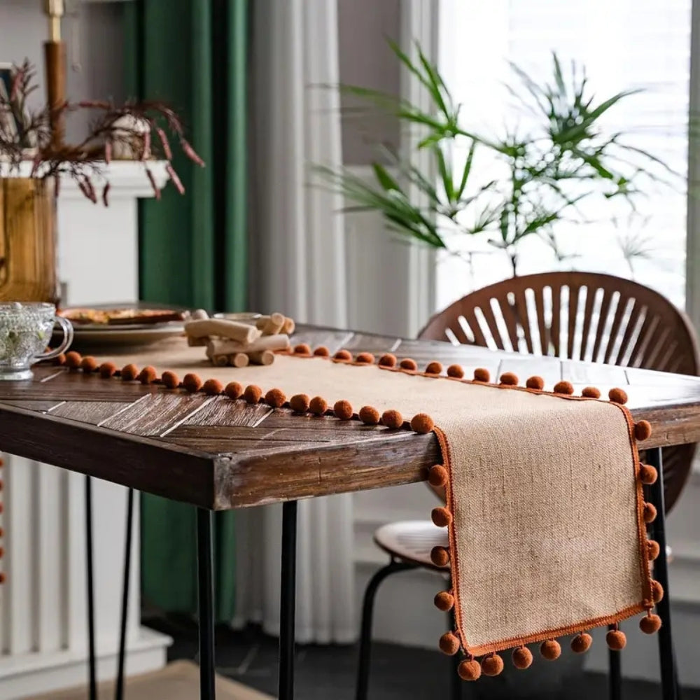 Jute Bohemian Pom-Pom Table Runner