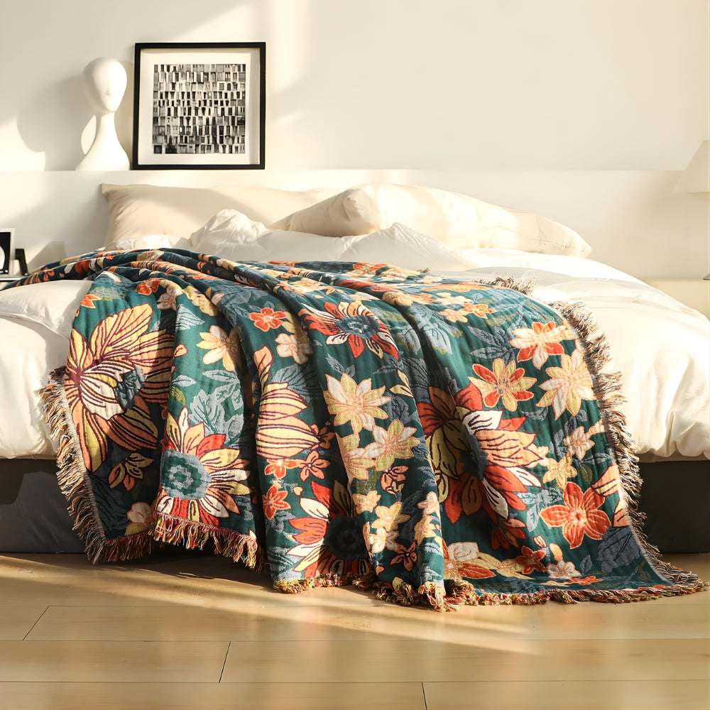 Modish Floral Cotton Tassel Throw Blanket