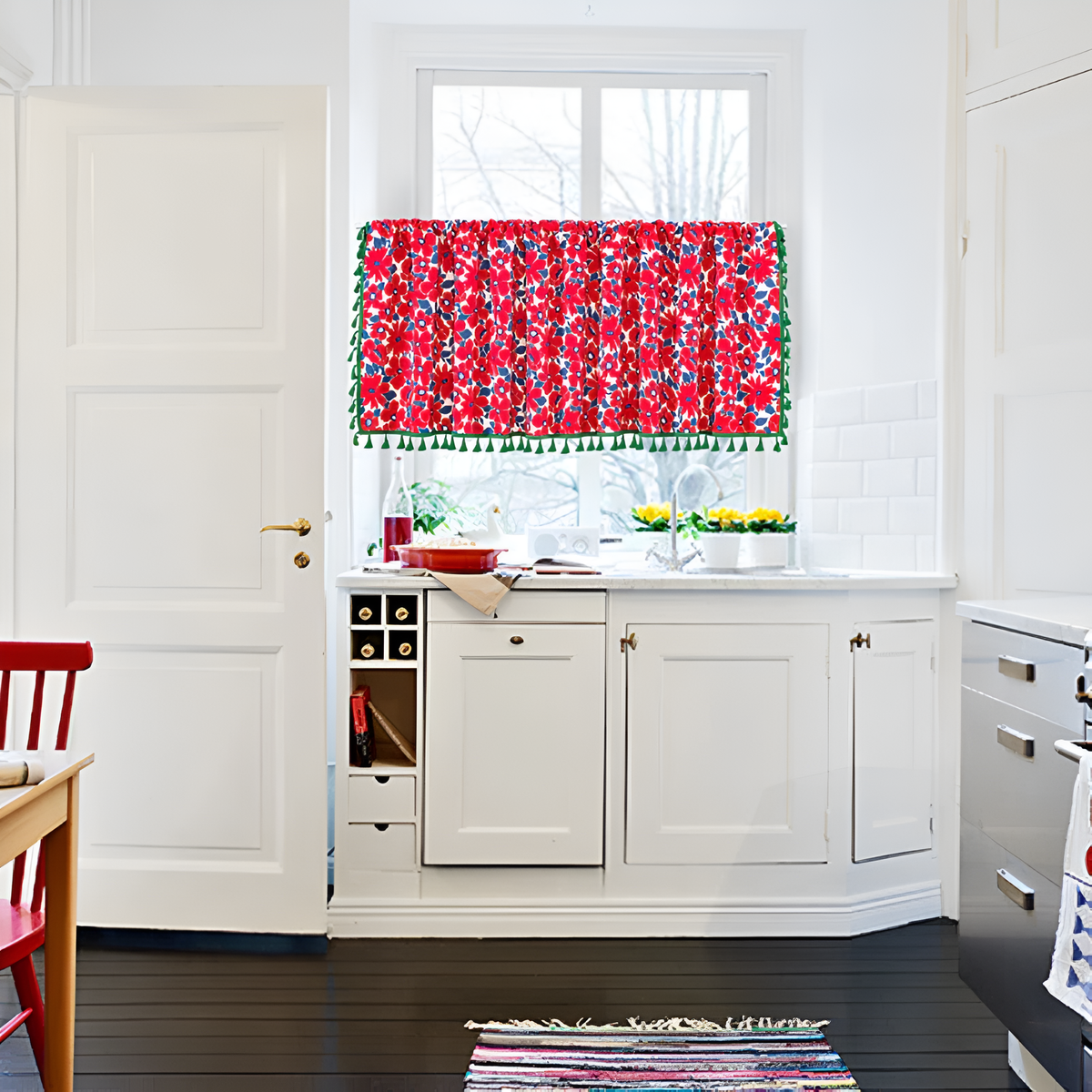 Graceful Red Floral Linen Cabinet Window Curtain