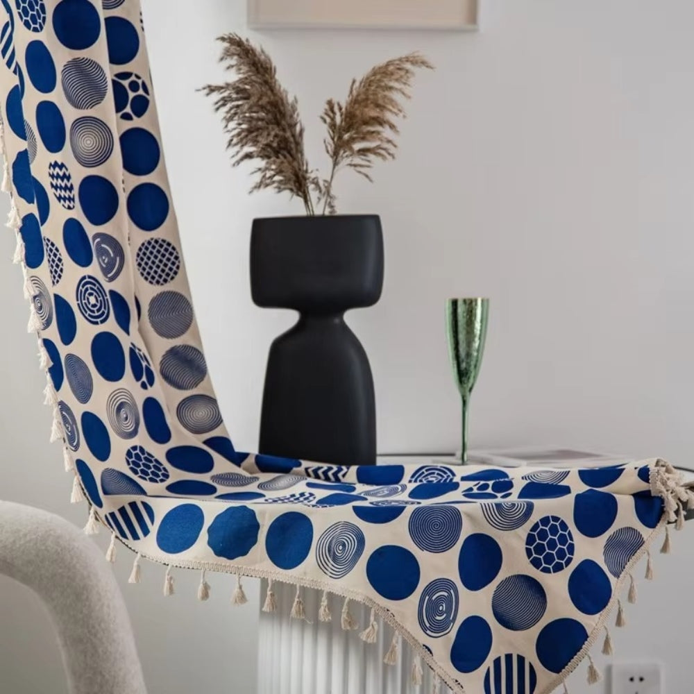 Retro Blue Polka Dots Patterned Window Curtain