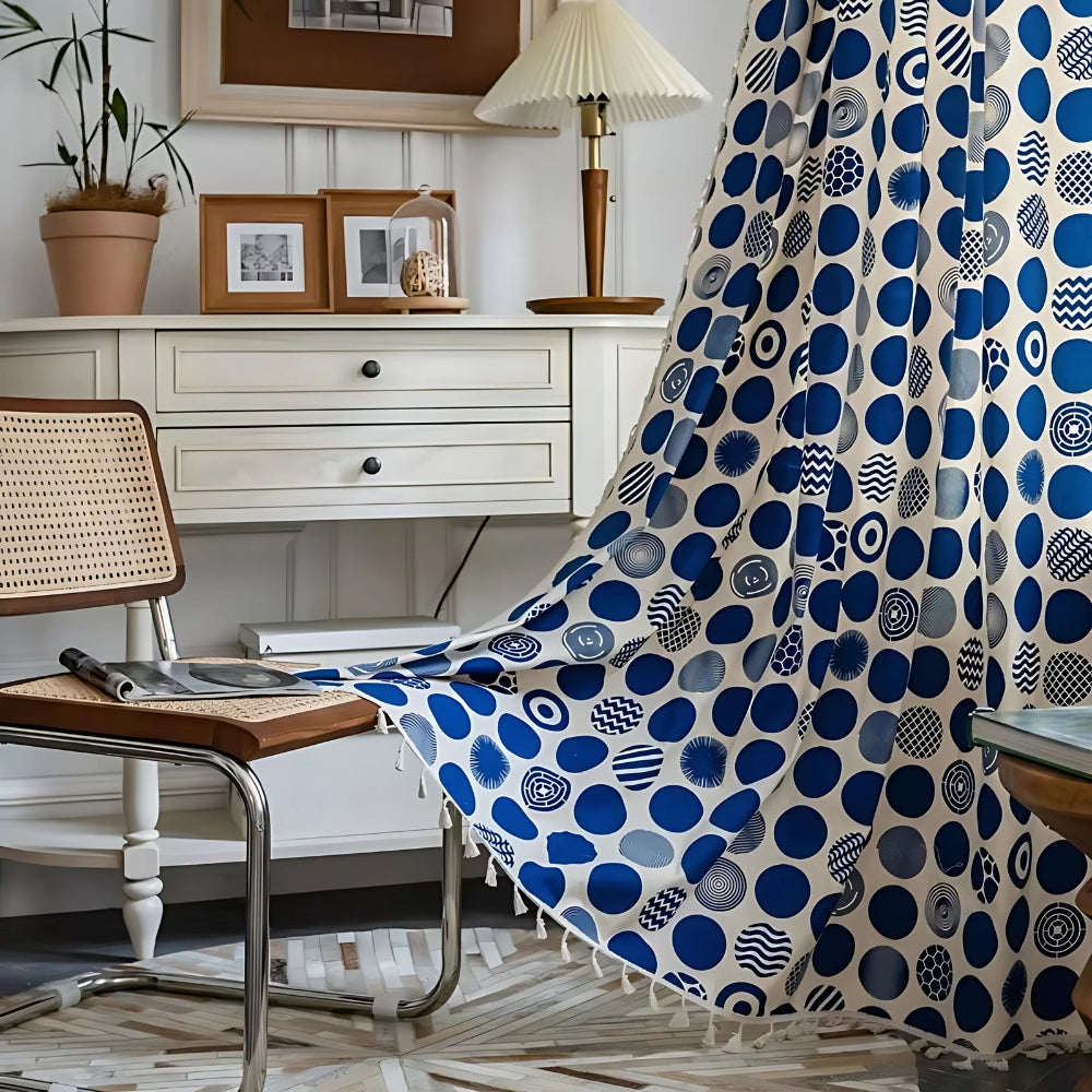 Retro Blue Polka Dots Patterned Window Curtain
