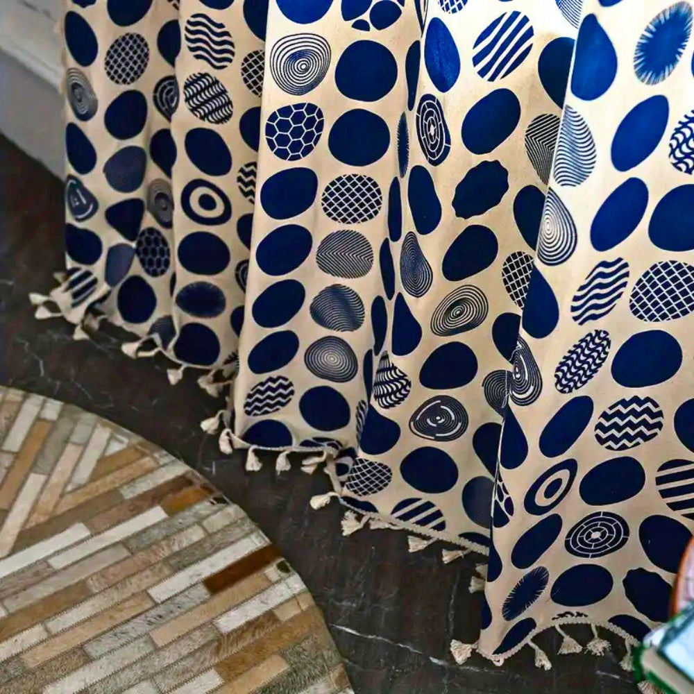 Retro Blue Polka Dots Patterned Window Curtain