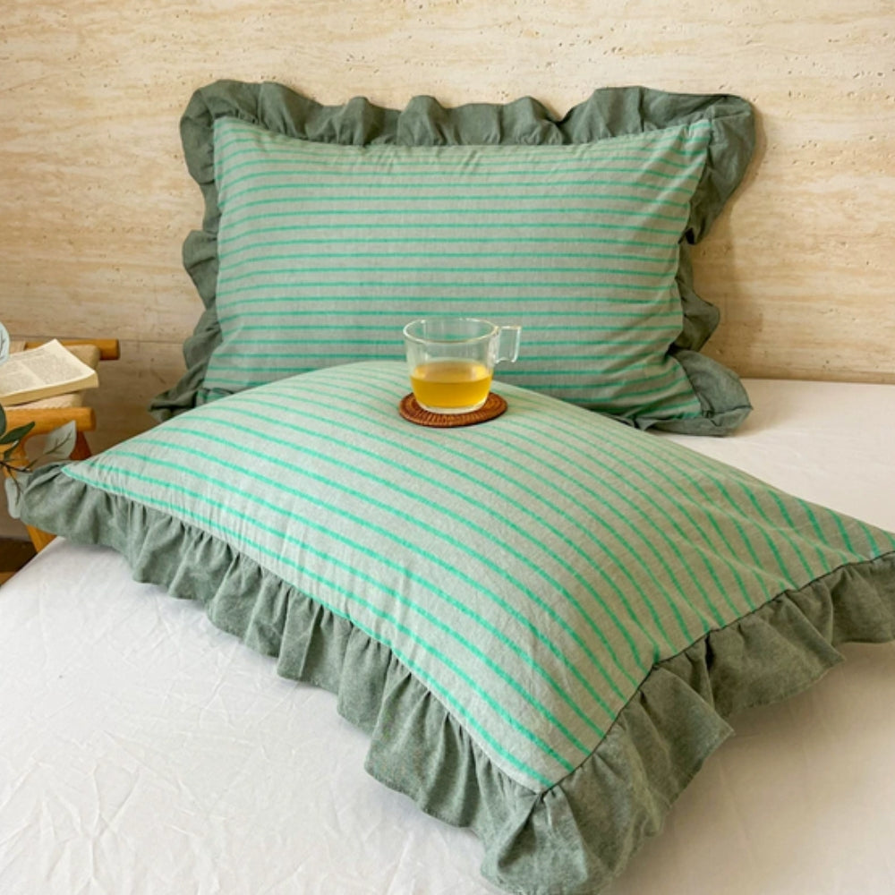 Striped Ruffled Lace Pillowcases in Multiple Colors