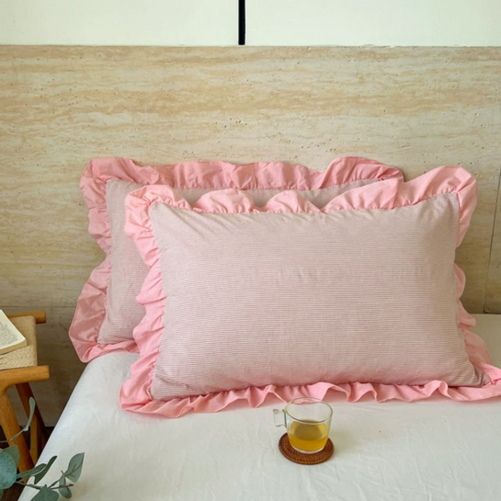 Striped Ruffled Lace Pillowcases in Multiple Colors