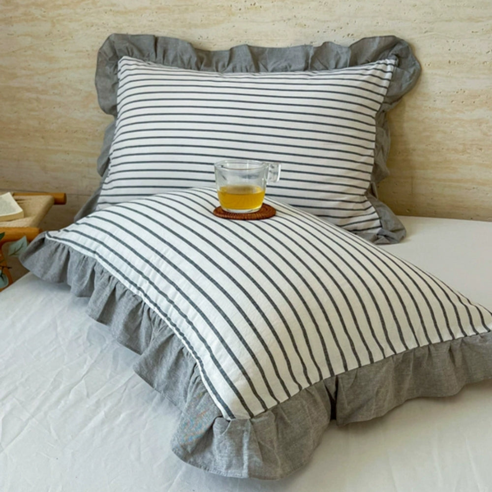 Striped Ruffled Lace Pillowcases in Multiple Colors