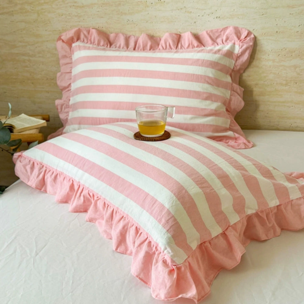 Striped Ruffled Lace Pillowcases in Multiple Colors