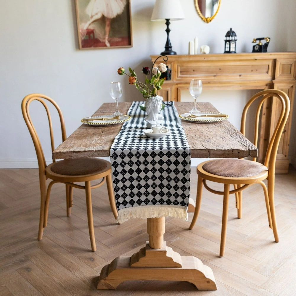 Tasseled Diamond Checkered Table Runner