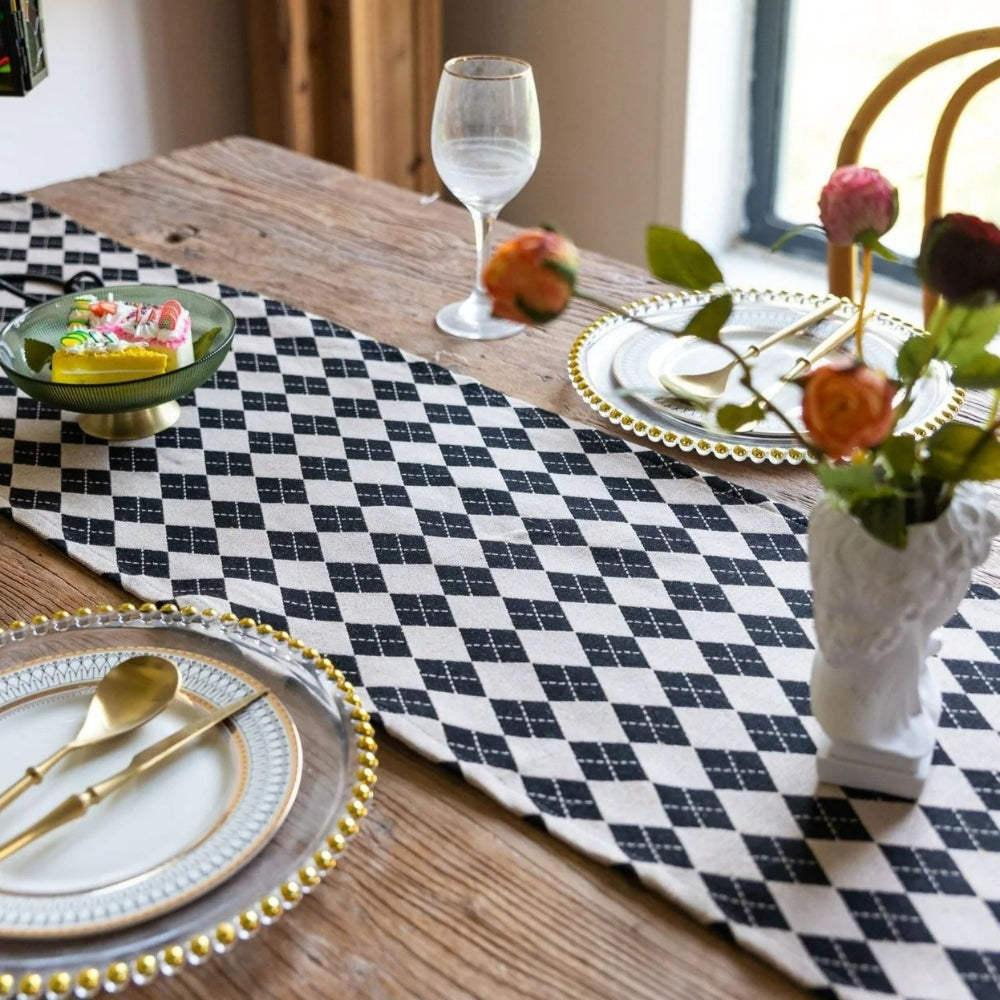 Tasseled Diamond Checkered Table Runner