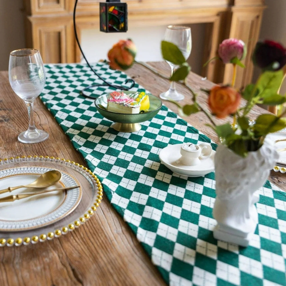 Tasseled Diamond Checkered Table Runner