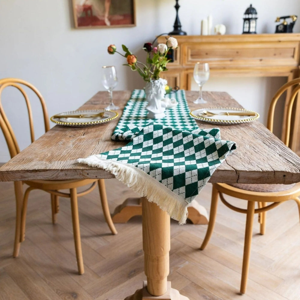 Tasseled Diamond Checkered Table Runner