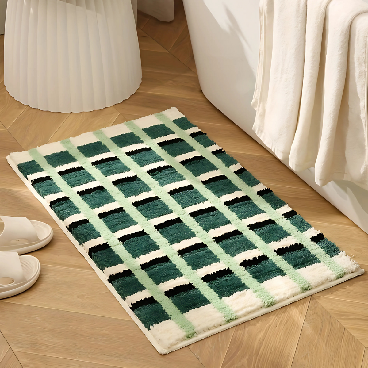 Moss Green Geometric Flock Bath Mat