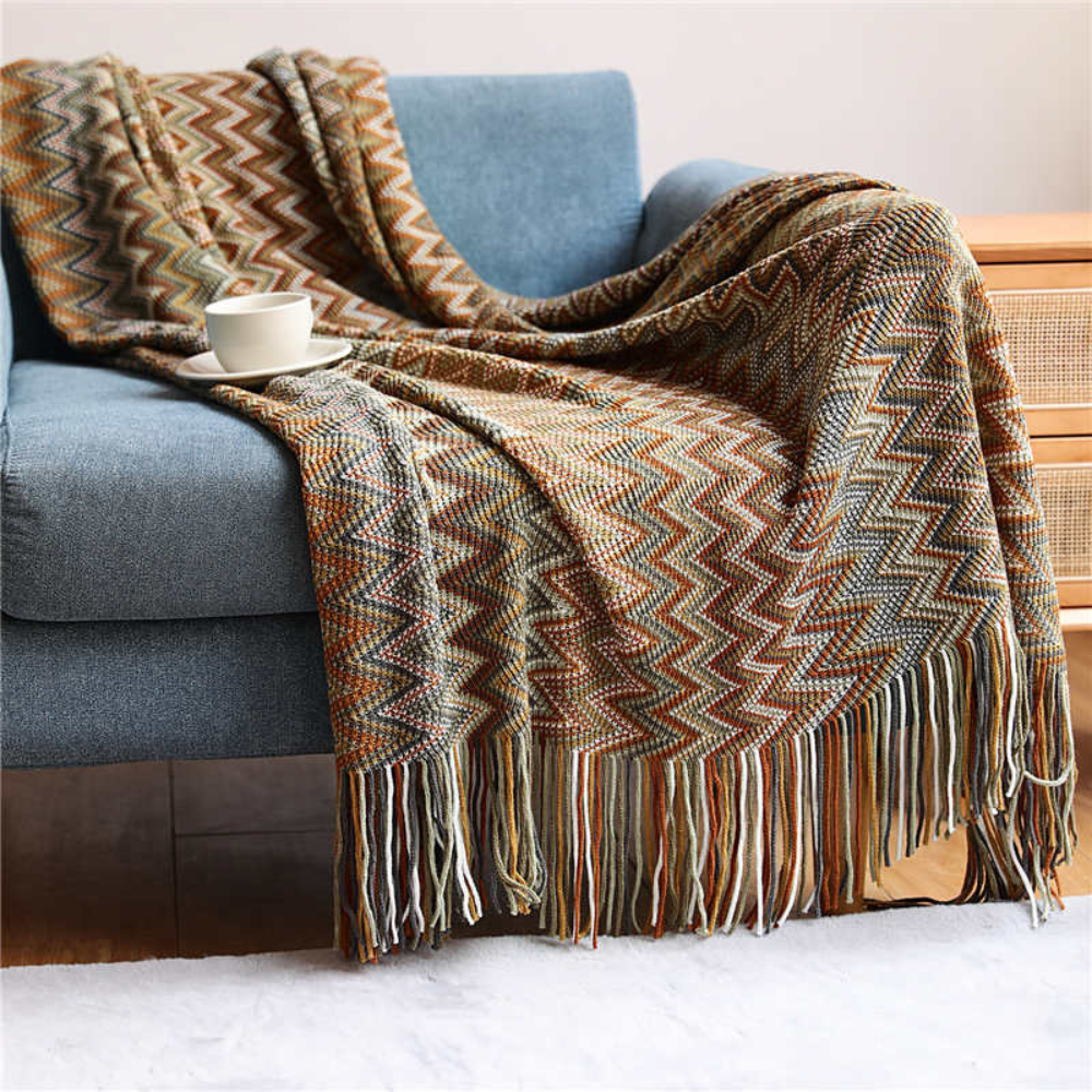 Multicolor Zigzag Tasseled Knit Throw
