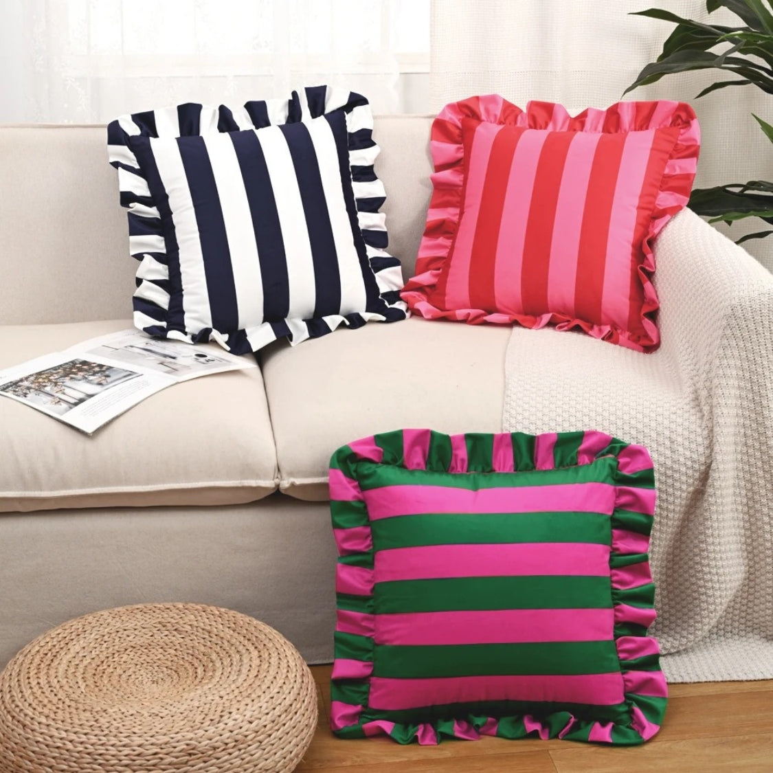 Retro Striped Ruffle Cushion Cover