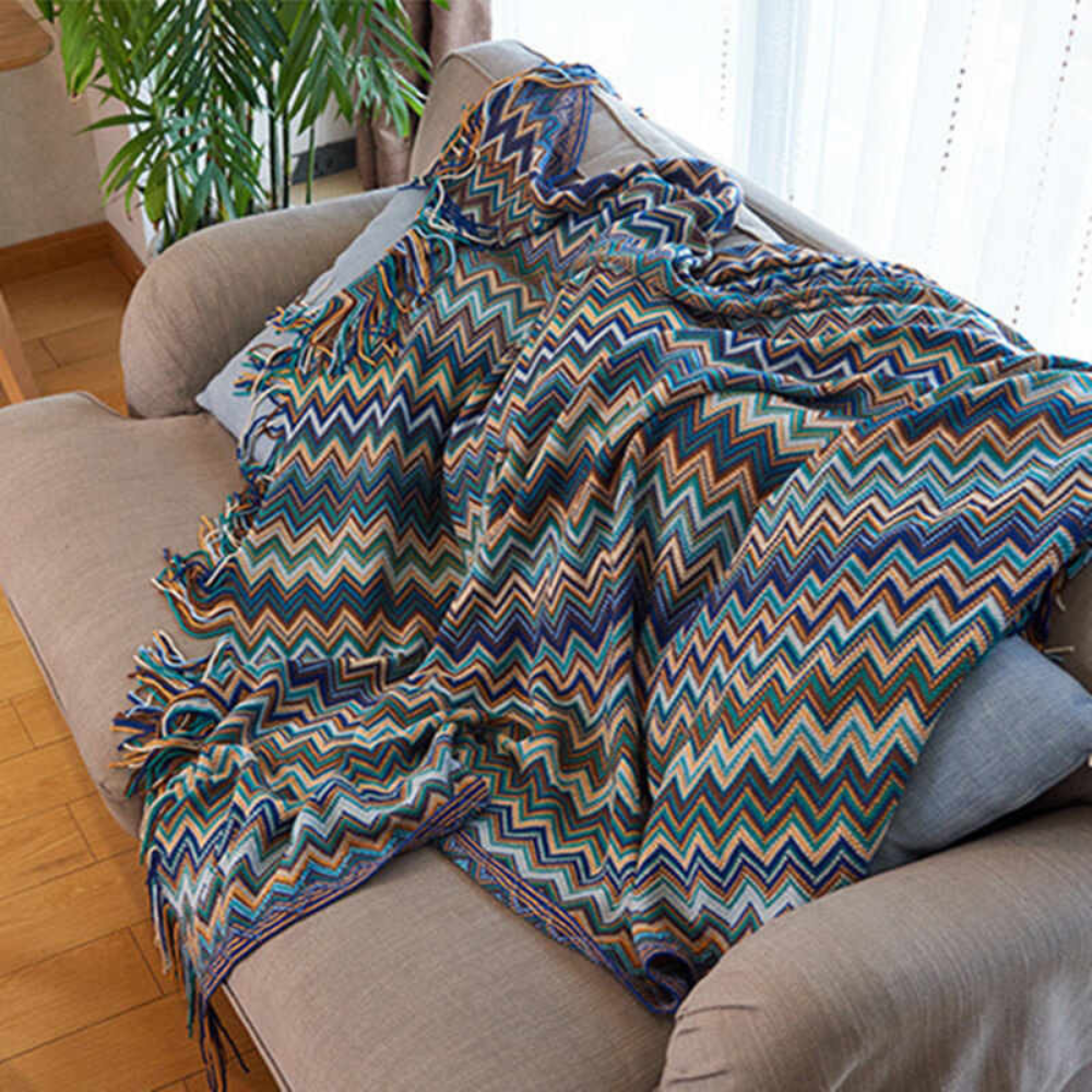 Multicolor Zigzag Tasseled Knit Throw