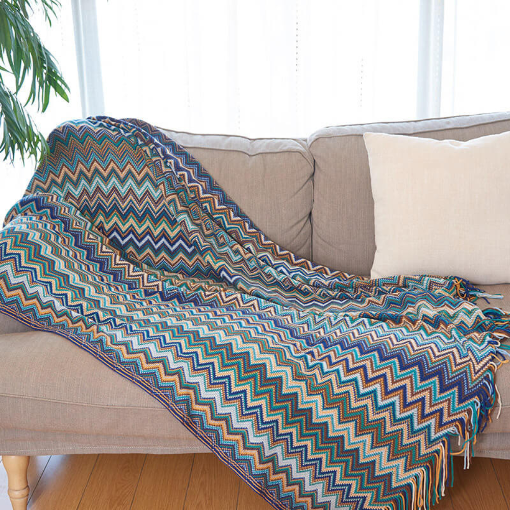 Multicolor Zigzag Tasseled Knit Throw