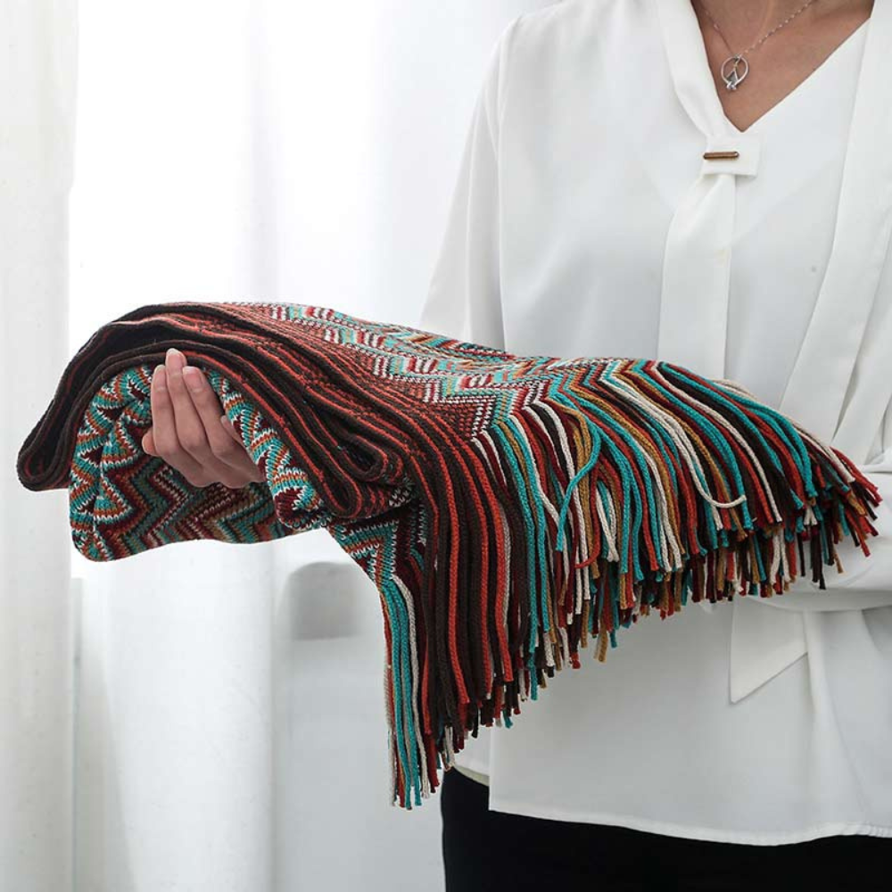 Multicolor Zigzag Tasseled Knit Throw