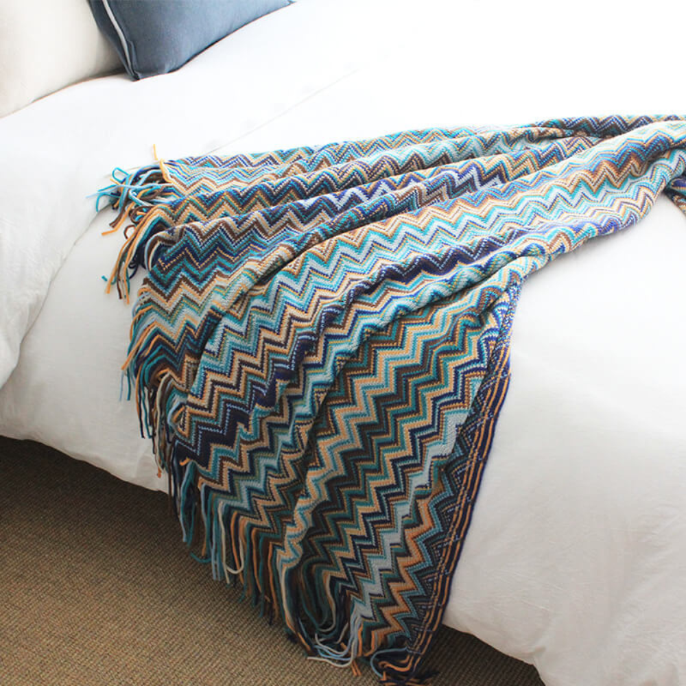 Multicolor Zigzag Tasseled Knit Throw