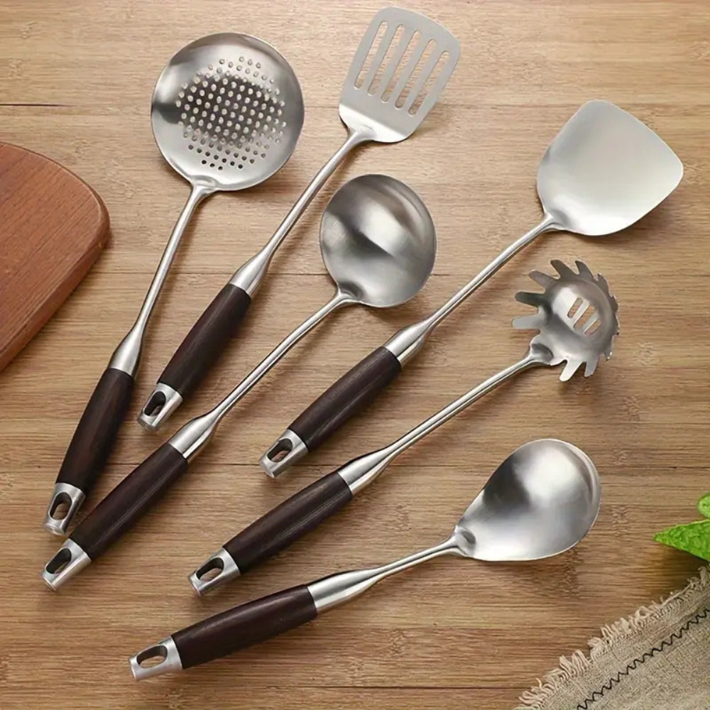 Gleaming Stainless Steel Wooden Utensils