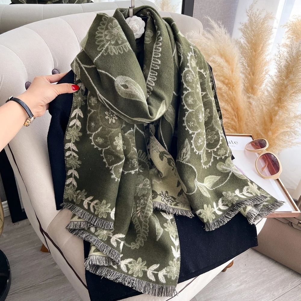 Elegant Double-Sided Floral Winter Shawl Scarf