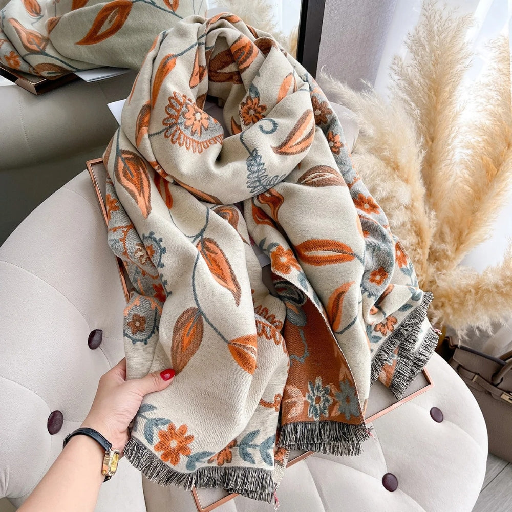 Elegant Double-Sided Floral Winter Shawl Scarf