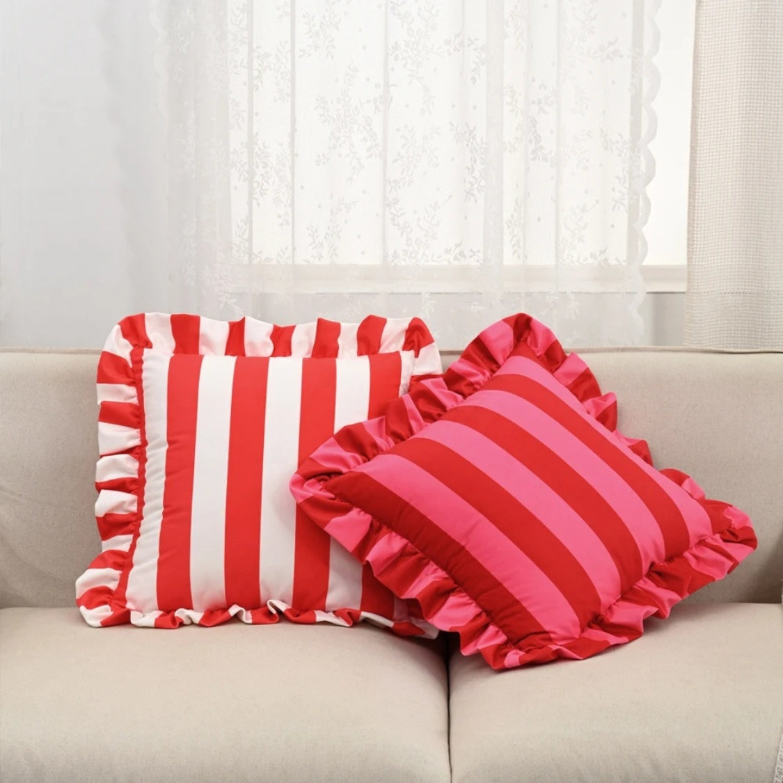 Retro Striped Ruffle Cushion Cover