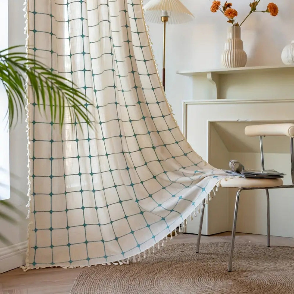 Turquoise Lattice Boho Tassel Curtain