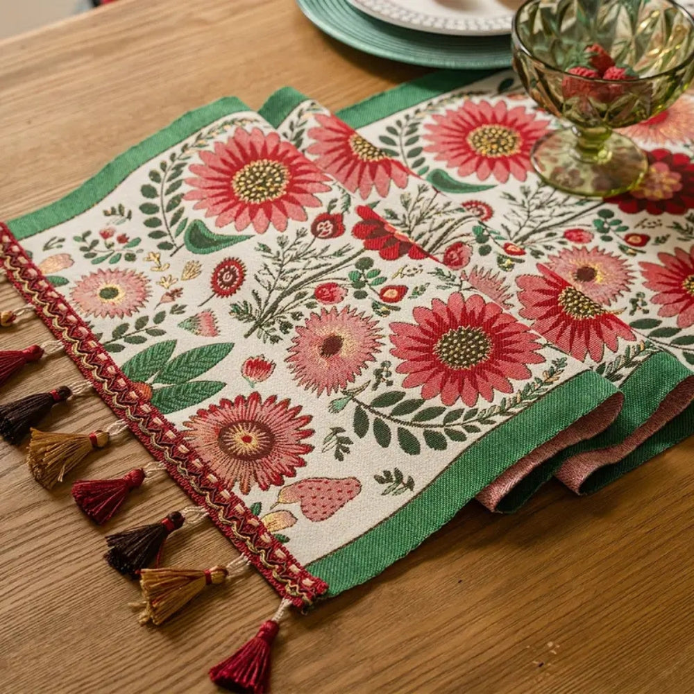 Embroidered Floral Tassel Table Runner