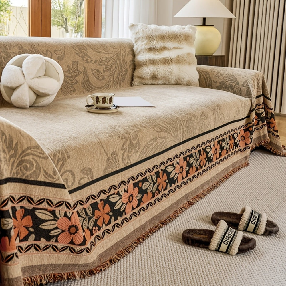 Floral Tasseled Boho Sofa Cover