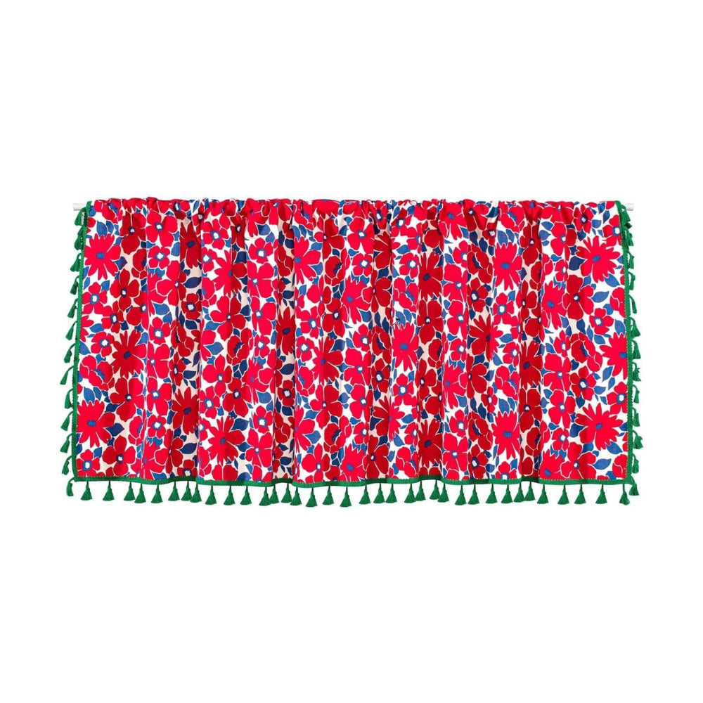 Graceful Red Floral Linen Cabinet Window Curtain