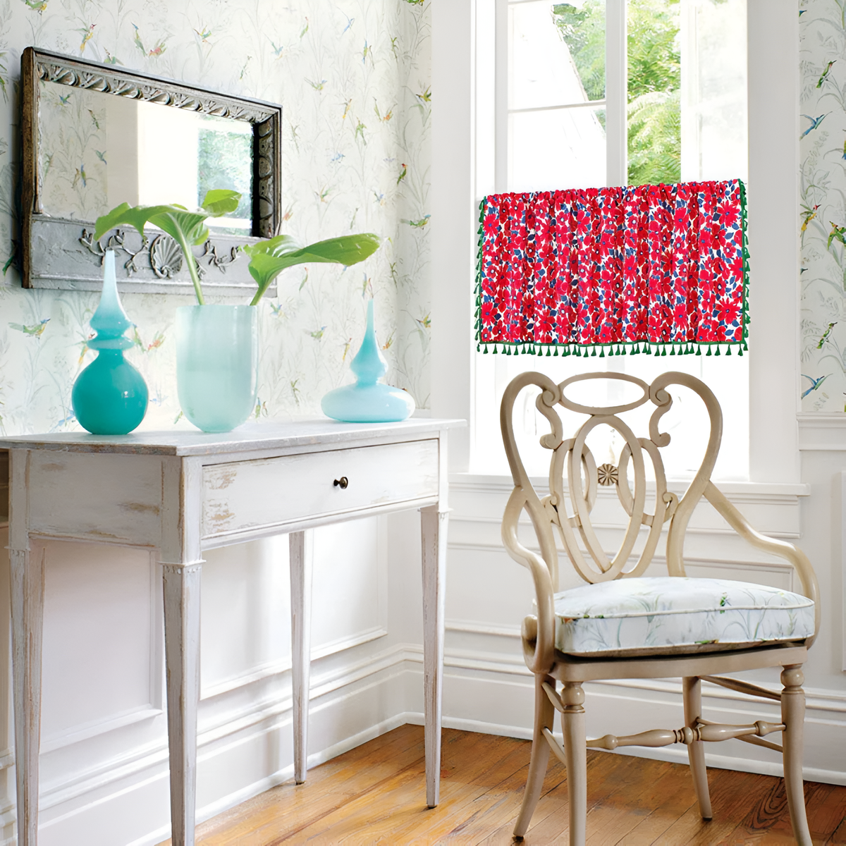 Graceful Red Floral Linen Cabinet Window Curtain