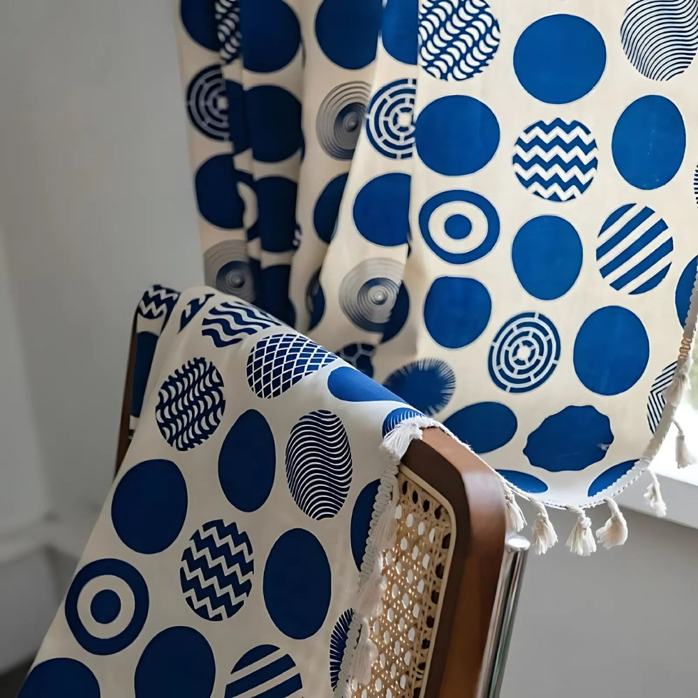 Retro Blue Polka Dots Patterned Window Curtain