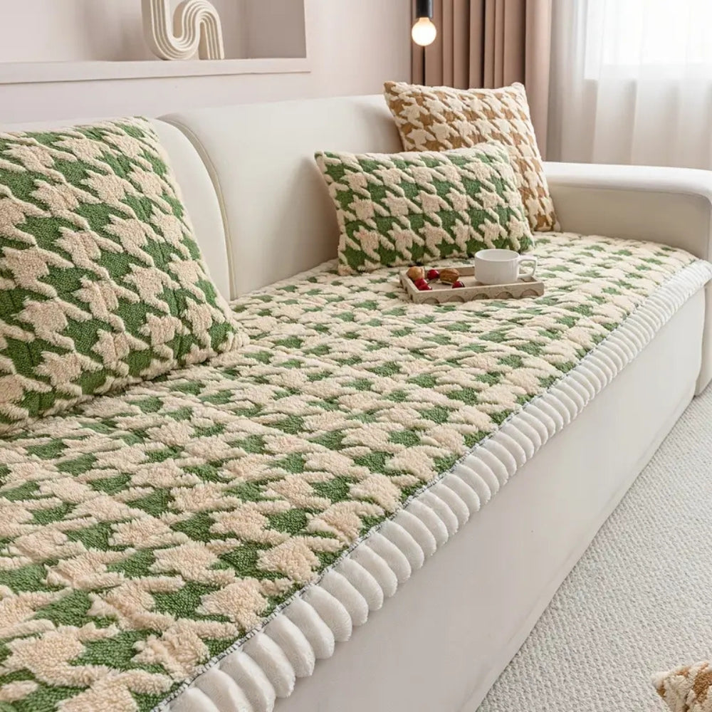Colourful Plush Houndstooth Sofa Cover and Cushion Cover